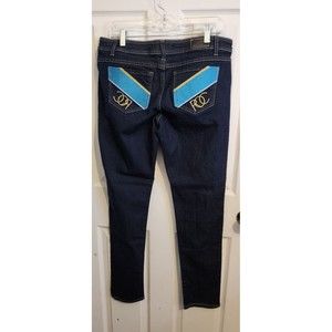 Rocawear Women Jeans Sz 15 Dark Blue Mid-Rise Stretch Straight Leg‎ Embroidered